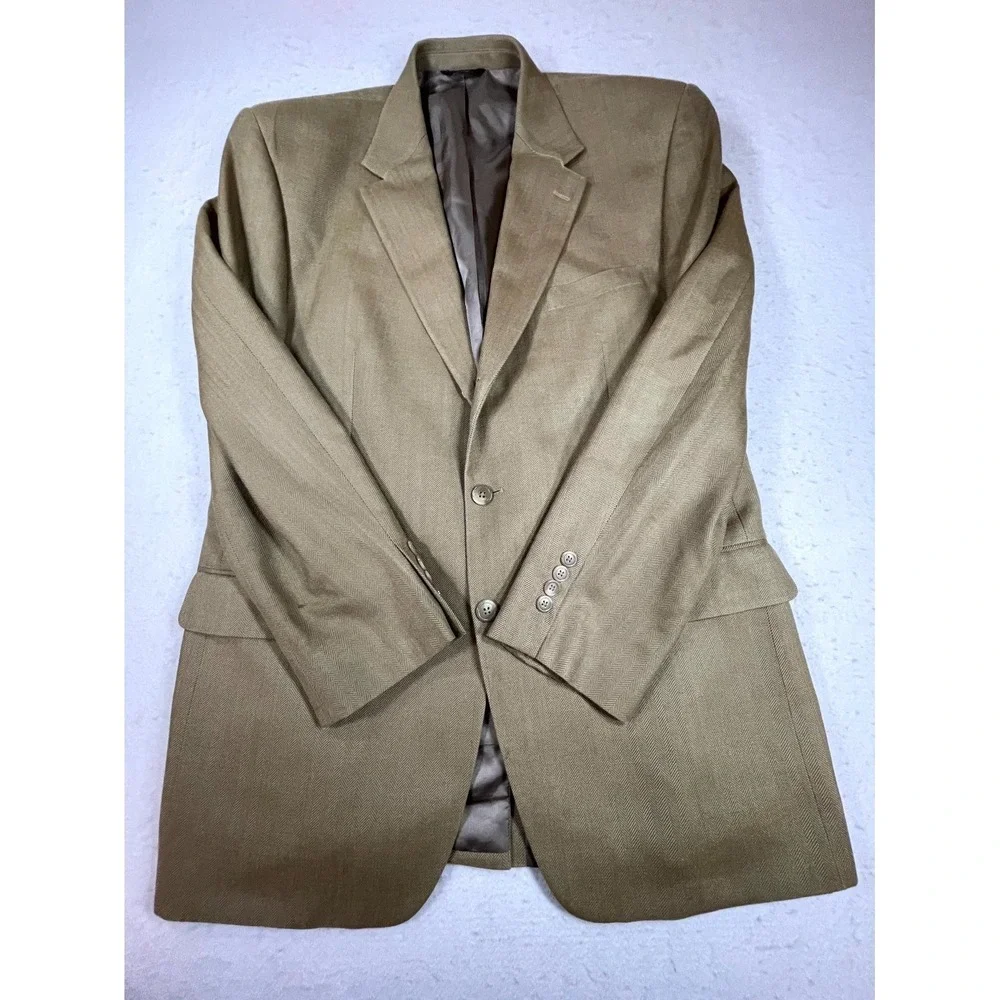 Chaps Ralph Lauren Blazer Jacket Men Tan Silk Herringbone Sport Coat Notch Lapel
